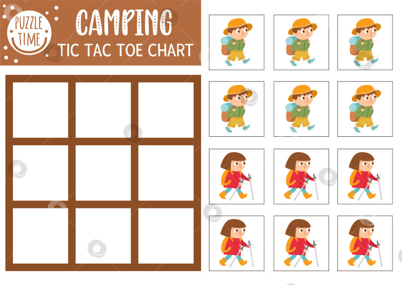 Скачать Векторная диаграмма летнего лагеря в крестики-нолики с милыми детьми-туристами. Игровое поле для настольной игры "Лесная местность" с гуляющими детьми. Забавный рабочий лист для печати. Походная сетка для игры в крестики-нолики фотосток Ozero