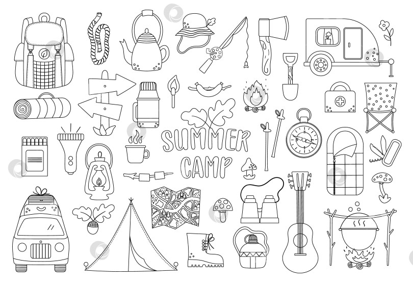 Скачать Векторный черно-белый набор для летнего лагеря. Коллекция снаряжения для кемпинга, пешего туризма, рыбалки. Набор набросков для туризма на природе на открытом воздухе с рюкзаком, фургоном, удочкой, одеждой, камином, спальным мешком. фотосток Ozero