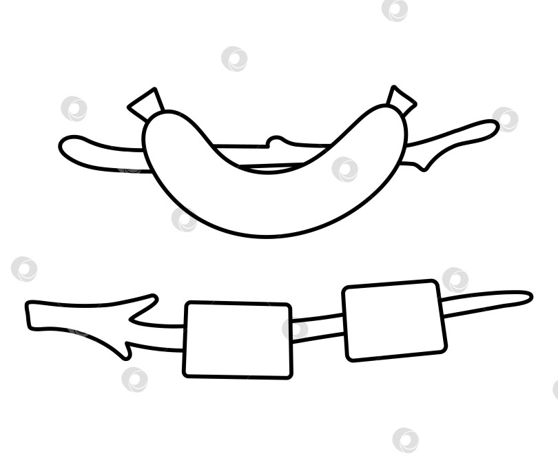 Скачать Векторная черно-белая колбаса и зефир на значке ветки дерева. Иллюстрация линии питания для летнего гриля на открытом воздухе. Фаст-фуд у костра для еды на открытом воздухе, выделенный на белом фоне фотосток Ozero