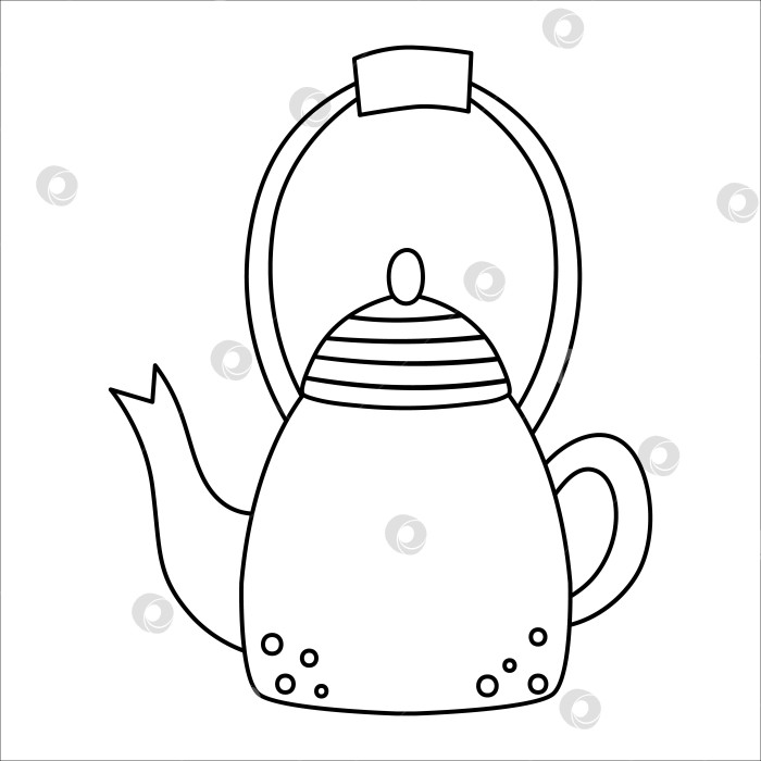 Скачать Векторный черно-белый значок чайника. Иллюстрация кавайного чайника. Контур чайника выделен на белом фоне. Линейная художественная кухня или походное снаряжение фотосток Ozero