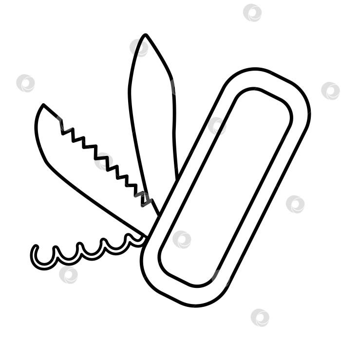 Скачать Векторный черно-белый значок складного ножа, изолированный на белом фоне. Иллюстрация портативного оборудования для резки контуров. Застежка-устройство для активного туризма на свежем воздухе. Изображение штопора фотосток Ozero