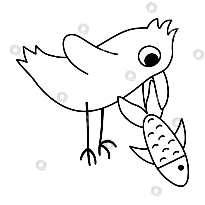 Скачать Векторная черно-белая птица с рыбой в клюве. Забавное лесное или морское животное. Симпатичная иллюстрация контура леса для детей, изолированная на белом фоне. Очаровательный значок в виде линии чайки фотосток Ozero