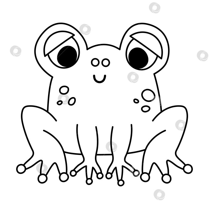 Скачать Векторная черно-белая лягушка. Забавное лесное болотное животное. Симпатичная иллюстрация линии леса для детей, изолированная на белом фоне. Набросок значка сидящей жабы фотосток Ozero