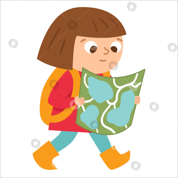Скачать Симпатичная девушка прогуливается с рюкзаком и картой. Ребенок занимается летним спортом. Векторная иллюстрация летнего лагеря. Походный персонаж. Туристическая икона для путешествий по лесам. фотосток Ozero