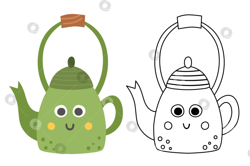 Скачать Векторная цветная и черно-белая иллюстрация чайника. Значок кавайного чайника. Улыбающийся чайник с глазами и ртом, выделенными на белом фоне. Плоская и линейная кухня или походное снаряжение. Симпатичная раскраска фотосток Ozero