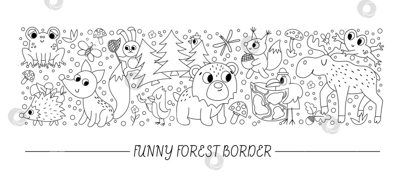 Скачать Векторный черно-белый горизонтальный набор с милыми комическими лесными животными и элементами. Шаблон контурной открытки с лесными персонажами, птицами, насекомыми. Забавная летняя активная поездка на природу за границей. фотосток Ozero