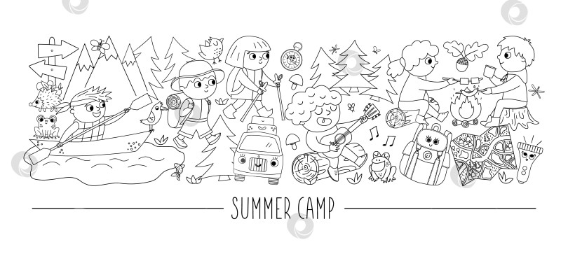 Скачать Векторный черно-белый горизонтальный набор с милыми комическими лесными животными и детьми, занимающимися в летнем лагере. Шаблон открытки с лесными персонажами и детьми на каникулах. Граница активной линии отключения. фотосток Ozero