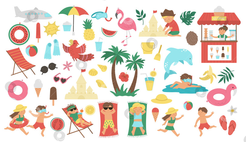 Скачать Большой векторный набор с элементами летнего клипарта, изолированными на белом фоне. Симпатичная плоская иллюстрация для детей с пальмой, самолетом, солнцезащитными очками, детьми, занимающимися летними видами спорта. Набор предметов для отдыха на пляже фотосток Ozero