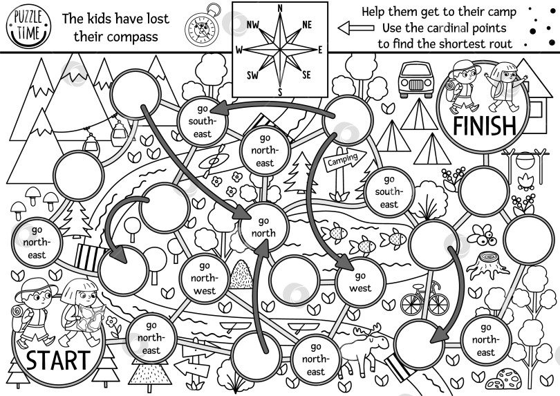 Скачать Черно-белая настольная игра в кости для летнего лагеря для детей с картой, указателями компаса. Активный отдых - настольная игра с детьми, отправляющимися в поход в лагерь. Семейная поездка на автомобиле или раскраска фотосток Ozero