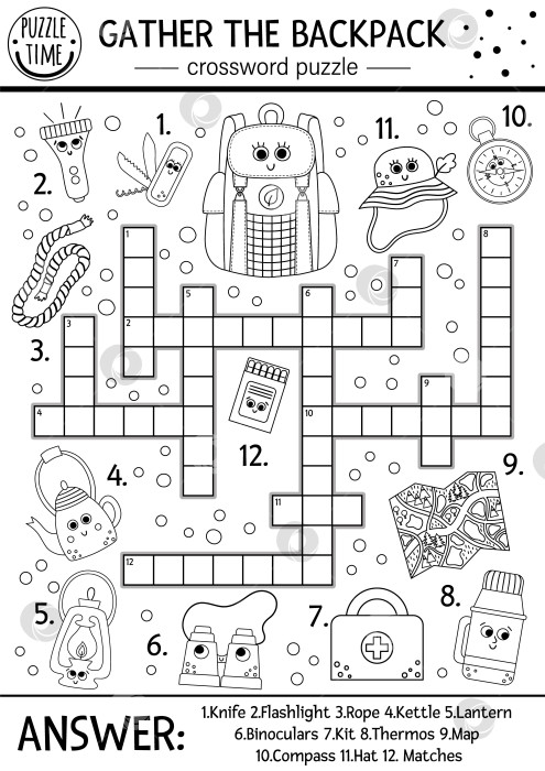 Скачать Векторный черно-белый кроссворд для кемпинга для детей. Простая викторина по наброскам летнего лагеря с использованием лесного инвентаря. Занятие с компасом, термосом, сумкой. Соберите в рюкзаке кроссворд или раскраску. фотосток Ozero