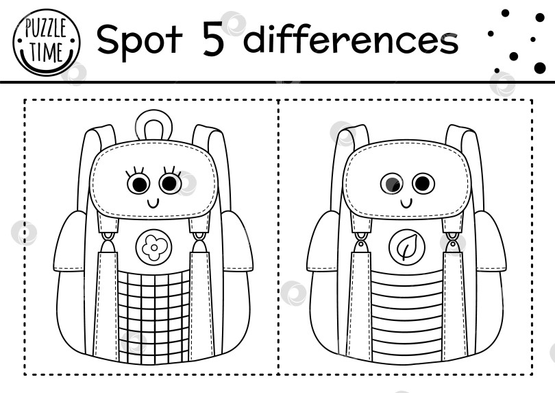 Скачать Игра "Найди отличия в походе" для детей. Черно-белое образовательное занятие и раскраска с милым улыбающимся кавайным рюкзачком. Лист для печати в летнем лагере или дорожной поездке с забавной сумкой. фотосток Ozero