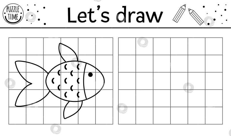 Скачать Завершите изображение рыбы. Практический лист для рисования векторного леса. Черно-белое занятие для дошкольников с водяным животным, пригодное для печати. Скопируй картинку сад лесная тематическая игра для детей фотосток Ozero
