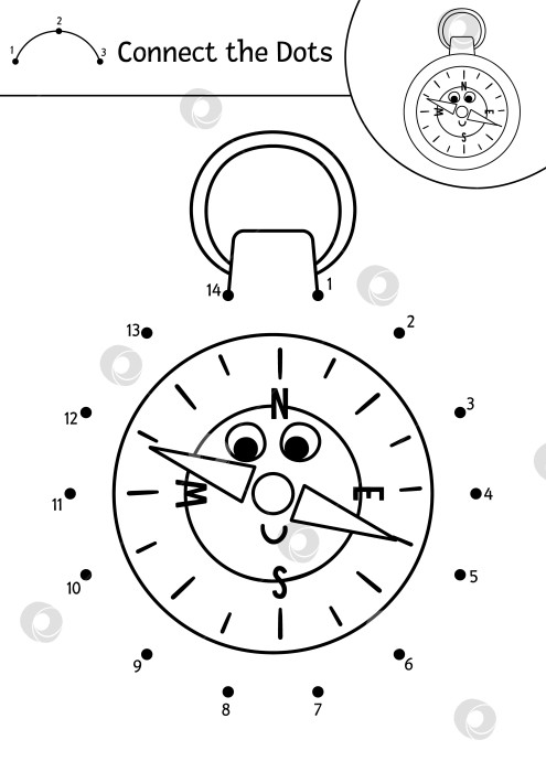 Скачать Векторный кемпинг от точки к точке и цветная активность с милым кавайным туристическим компасом. Летний лагерь "Соедини точки" - игра для детей. Забавная очаровательная раскраска для детей о дорожном путешествии. фотосток Ozero
