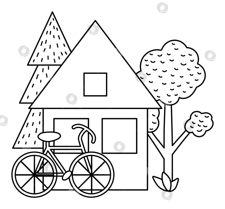 Скачать Черно-белая сцена летнего лагеря с домом, деревьями, велосипедом. Векторный контур иллюстрации костра в лагере. Активный отдых или местный туризм, ландшафтный дизайн лесных массивов для открыток, принтов, инфографики. фотосток Ozero