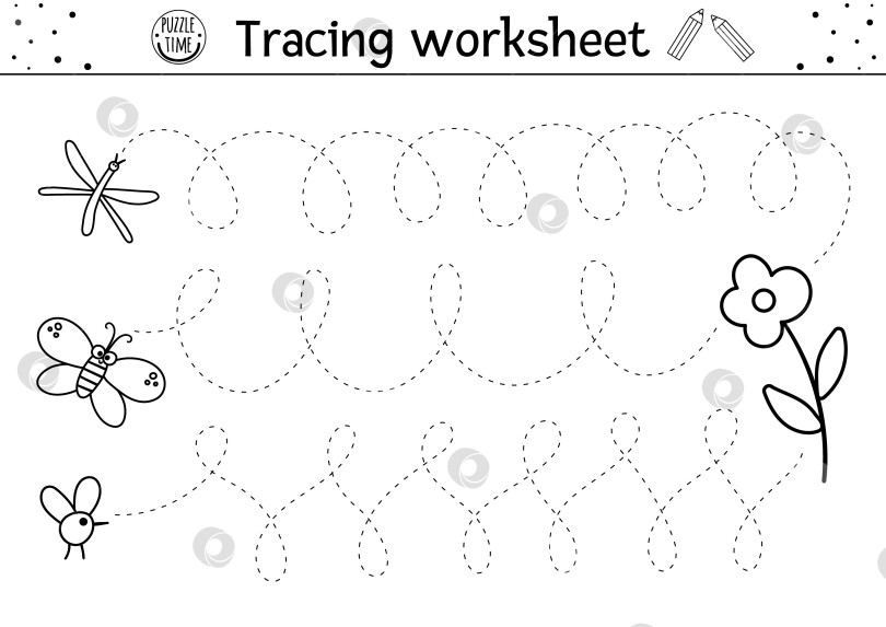 Скачать Рабочий лист для практики рукописного ввода в векторном лесу. Черно-белое занятие для детей в летнем лесу, пригодное для печати. Обучающая игра-трассировка для развития навыков письма с милыми насекомыми, летящими к цветку фотосток Ozero