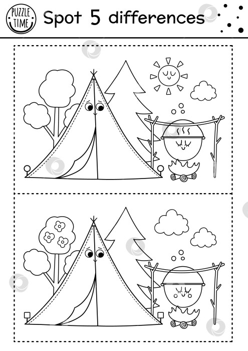Скачать Игра "Найди отличия в походе" для детей. Черно-белое занятие и раскраска с милой улыбающейся кавайной палаткой, солнцем, бойлером. Лист для печати в летнем лагере или дорожной поездке с забавной сценой природы. фотосток Ozero