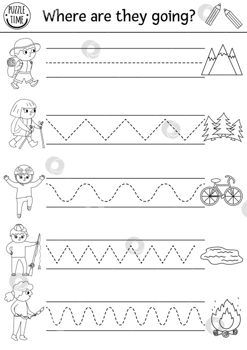 Скачать Векторный рабочий лист для практики рукописного ввода в кемпинге. Летнее дорожное путешествие - черно-белое занятие для детей, пригодное для печати. Обучающая игра-трассировка для развития навыков письма с милыми детьми, огнем, горами, лесом фотосток Ozero