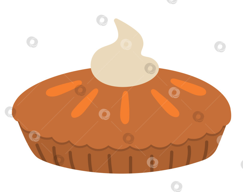 Скачать Векторный традиционный тыквенный пирог на День благодарения, вид сбоку. Осенний десерт, выделенный на белом фоне. Милая забавная иллюстрация осеннего праздничного блюда со сливками фотосток Ozero