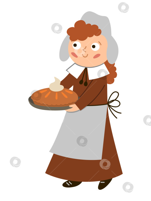 Скачать Векторная женщина-пилигрим с тыквенным пирогом, изолированная на белом фоне. Персонаж Дня благодарения. Осенняя икона с изображением первого американского народа. Симпатичная иллюстрация поселенца осенних каникул фотосток Ozero