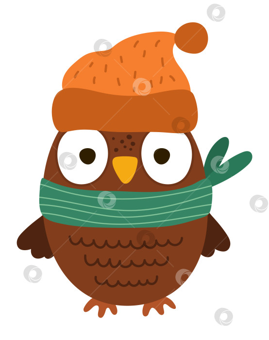 Скачать Симпатичная сова в оранжевой шляпе и зеленом шарфе. Векторная осенняя птица, изолированная на белом фоне. Осенний значок лесного животного для печати, открытки.  Забавная иллюстрация к лесу или Дню благодарения фотосток Ozero