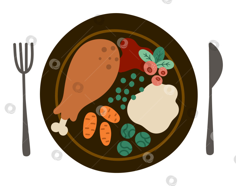 Скачать Векторная тарелка с традиционным блюдом на День благодарения, вилкой и ножом. Запеченная индейка с клюквенным соусом, морковью, брюссельской капустой. Праздничная еда на Рождество или День благодарения. Иллюстрация праздничного застолья фотосток Ozero
