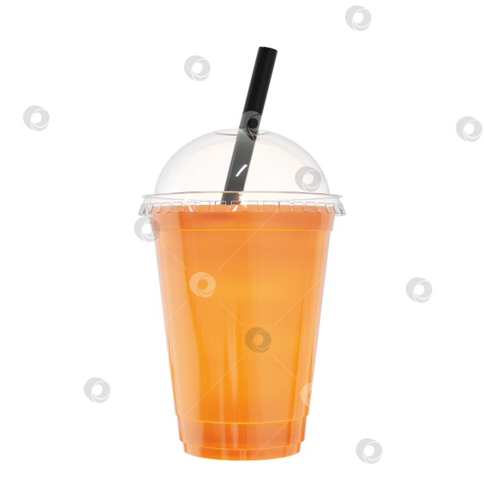 Скачать апельсиновый сок 3d в пластиковом стаканчике с соломинкой. иллюстрация 3d-рендеринга. фотосток Ozero