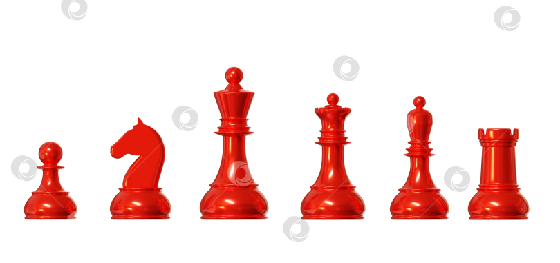 Скачать набор 3d красных шахматных фигур из короля, коня, королевы, ладьи, слона и пешки на изолированном фоне. Шахматная стратегия для бизнес-лидерства и концепции командного успеха. иллюстрация 3d-рендеринга. фотосток Ozero