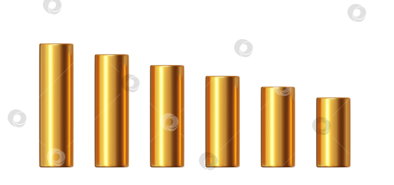 3d-набор цилиндров или столбов из золотого металла на белом изолированном  фоне. Золотистая или желтая форма золотой трубы или подиума изделия.  иллюстрация 3d-рендеринга. - Ozero - российский фотосток