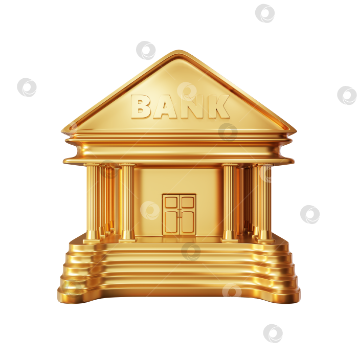 Скачать трехмерное здание золотого банка с колоннами и лестницей на белом изолированном фоне. Депозит, кредит, ипотека, пластиковые карты. иллюстрация 3d-рендеринга. фотосток Ozero