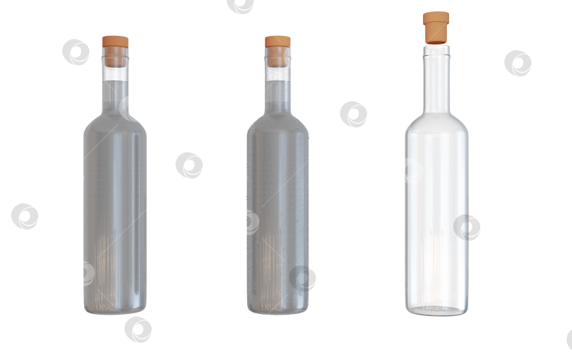 Скачать 3D стеклянная бутылка для водки, джина, виски объемом 500 мл. Макет пустой бутылки, открытой и закрытой крышкой, на белом изолированном фоне. иллюстрация 3d-рендеринга. фотосток Ozero