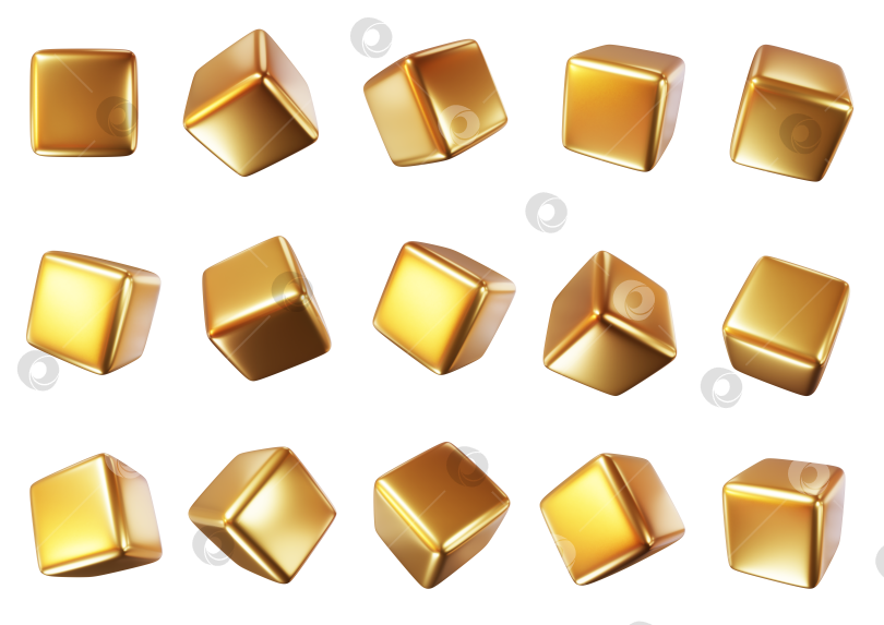 Скачать 3d набор кубиков золотистой металлической формы на белом изолированном фоне. Значок золотого или желтого квадратного прямоугольника с разными углами в перспективе. иллюстрация 3d-рендеринга. фотосток Ozero