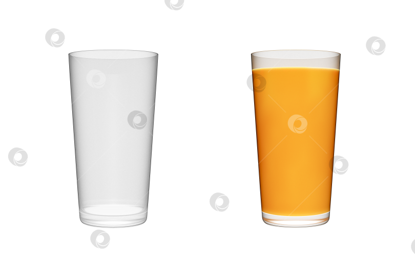 Скачать 3d пустой прозрачный стакан и стакан апельсинового сока. иллюстрация 3d-рендеринга. фотосток Ozero