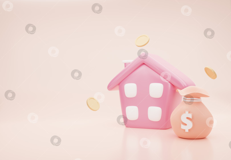 Скачать 3d значок розового дома с денежным мешком и летящими монетами на бежевом фоне. Мультяшная иконка в минималистичном стиле. Концепция покупки, продажи дома, ипотеки, веб-сайта по недвижимости. 3d-рендеринг иллюстрации. фотосток Ozero