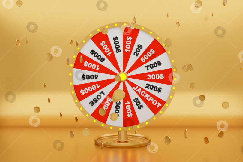 Скачать 3D вращающееся колесо фортуны с летящими монетами на золотом фоне. Реалистичная 3d-рулетка на удачу. Дизайн концепции азартных игр. Онлайн-казино. иллюстрация 3d-рендеринга. фотосток Ozero