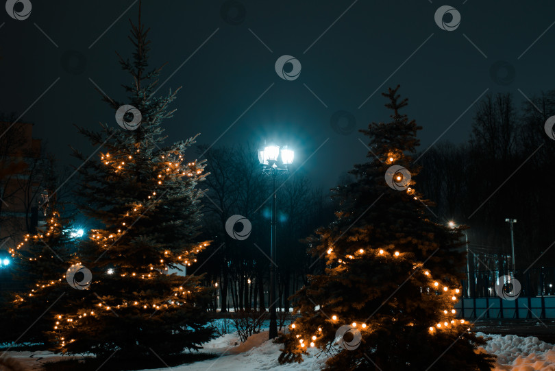 Скачать Старинные уличные фонари и рождественские елки, украшенные рождественскими гирляндами на открытом воздухе. Городская улица ночью зимой фотосток Ozero