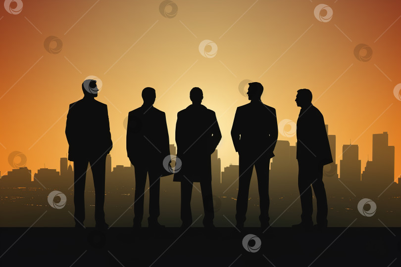 Скачать Безликая плоская иллюстрация корпоративного бизнеса, силуэты команды бизнесменов в костюмах на фоне города. Порождающий искусственный интеллект фотосток Ozero