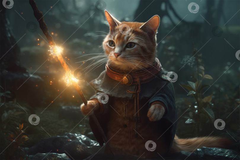 Скачать Милый кот-волшебник, фантастическая иллюстрация к животным. Питомец-воин в мантии и с волшебной палочкой в лесу. Порождающий искусственный интеллект фотосток Ozero