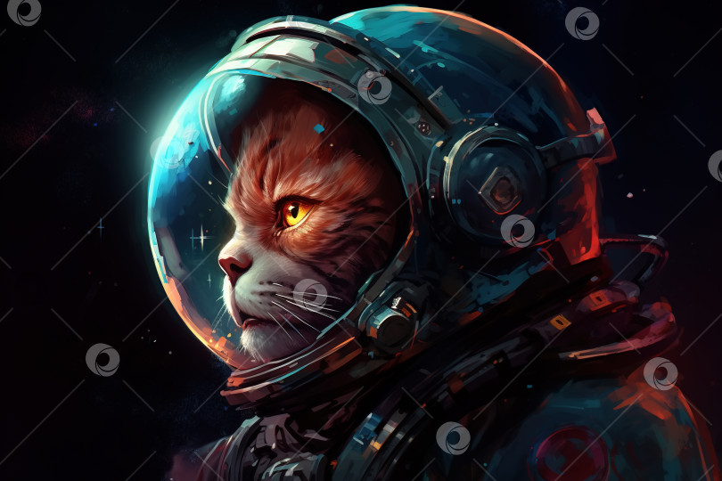 Скачать Рыжий сосредоточенный кот-астронавт в космосе. Вид сбоку на одетого в скафандр питомца в галактике, смотрящего вдаль. Фантастическая иллюстрация животного Генеративный искусственный интеллект фотосток Ozero