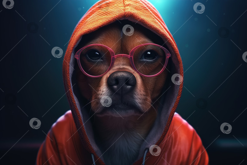 Скачать Серьезная хипстерская собака в очках и капюшоне, стильный прикольный забавный питомец. Портрет животного, генеративный искусственный интеллект фотосток Ozero