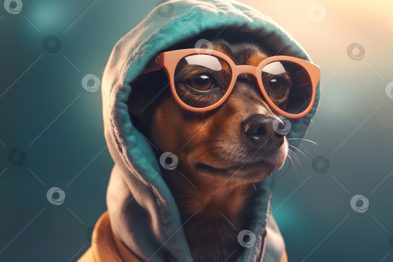 Скачать Забавная хипстерская собачка в очках и капюшоне, стильный классный питомец. Генеративный искусственный интеллект портрета животного фотосток Ozero