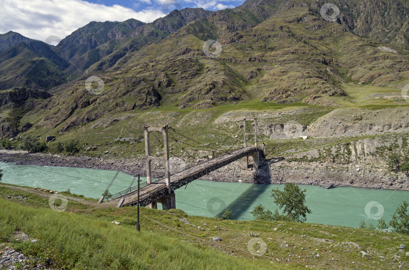 Скачать Старый заброшенный мост через реку Катунь, Алтай, Россия. фотосток Ozero