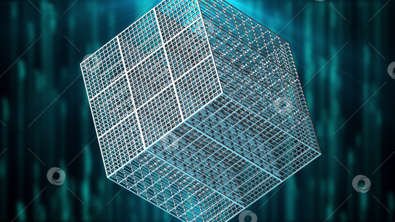 Скачать Большие решетчатые кубы вращаются определенным образом, создавая 3d-рендеринг абстрактной сложной формы. Созданный компьютером технологический фон фотосток Ozero