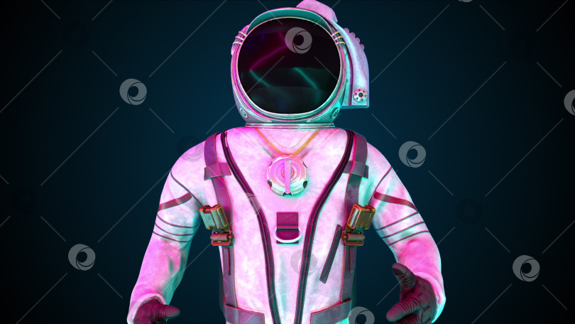 Скачать Астронавт в металлическом защитном костюме в свете неоновых ламп. Созданный компьютером космический фон, 3D-рендеринг фотосток Ozero