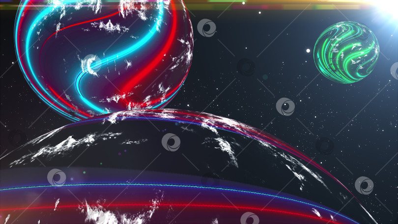 Скачать Компьютер сгенерировал красочный космический пейзаж. Футуристическое пространство с неоновыми планетами на звездном фоне. 3d рендеринг фотосток Ozero