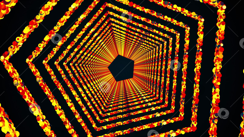 Скачать Шестиугольные кольца из разноцветных круглых частиц образуют бесконечный туннель, сгенерированный компьютером. 3d рендеринг яркого блестящего фона фотосток Ozero