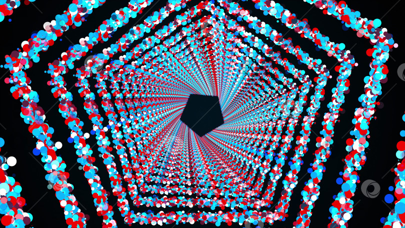 Скачать Шестиугольные кольца из разноцветных круглых частиц образуют бесконечный туннель, сгенерированный компьютером. 3d рендеринг яркого блестящего фона фотосток Ozero