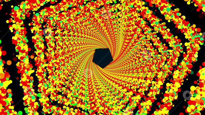 Скачать Шестиугольные кольца из разноцветных круглых частиц образуют бесконечный туннель, сгенерированный компьютером. 3d рендеринг яркого блестящего фона фотосток Ozero