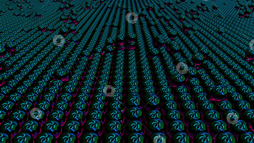 Скачать Поверхность множества неоновых сфер с отражением. 3d-рендеринг современного изометрического фона, сгенерированного компьютером фотосток Ozero