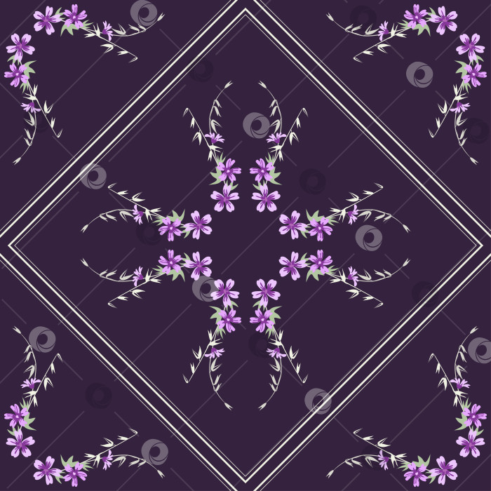 Скачать Векторный бесшовный узор для дизайна домашнего текстиля. Шарф, хиджаб, скатерть на темно-синем фоне украшены мелкими сиренево-розовыми соцветиями, луговыми цветами. Векторный симметричный узор. фотосток Ozero