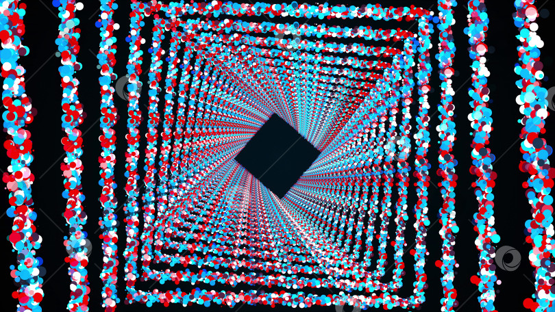 Скачать Квадратные кольца из разноцветных круглых частиц образуют бесконечный туннель, сгенерированный компьютером. 3d рендеринг яркого блестящего фона фотосток Ozero